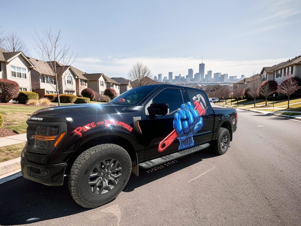 Pete the Plumber truck with fist-and-wrench graphic